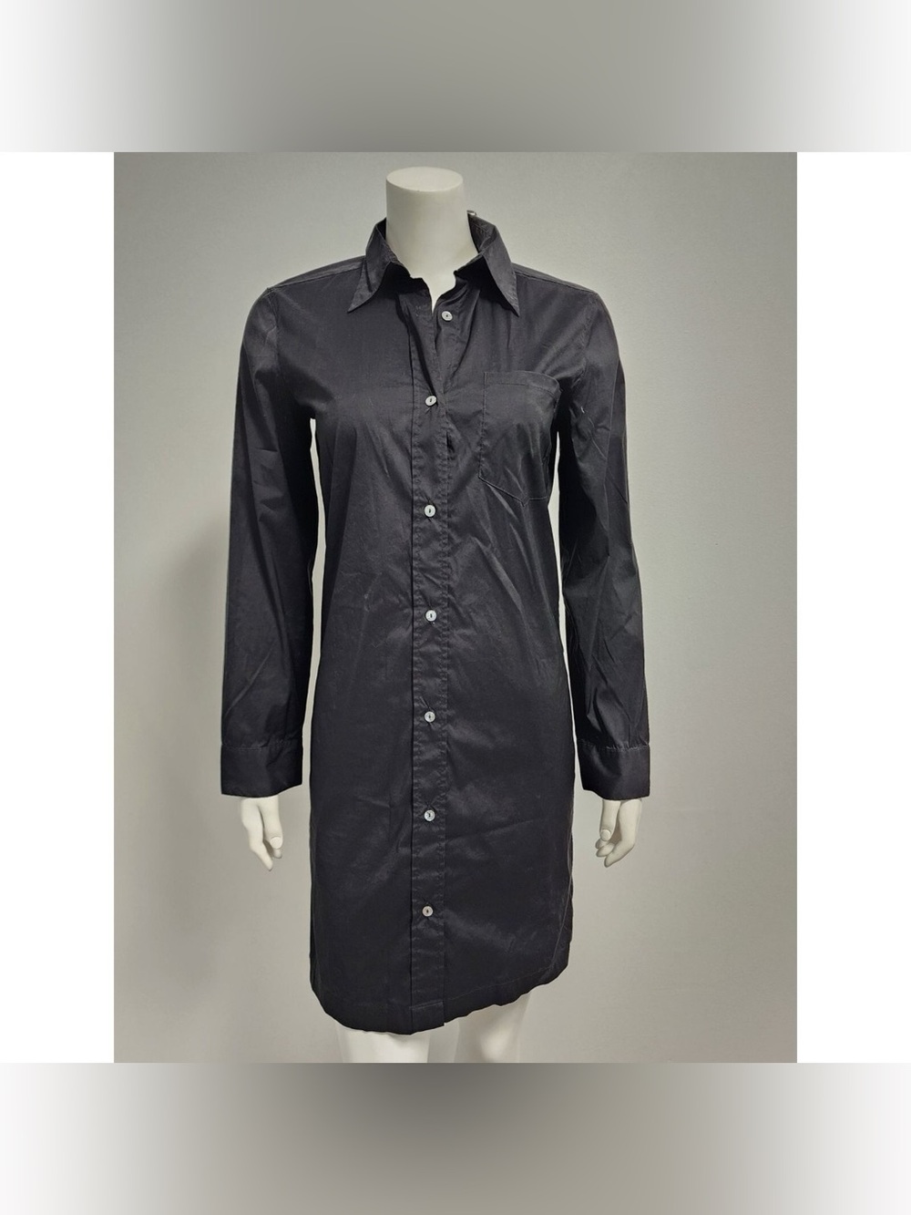 Weekend Max Mara Minimalist Lycra Black Cotton Button Up LS  Shirt Dress Sz 6